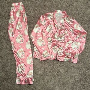 Lola + The Boys Pink Satin Santa Print Pajama Set